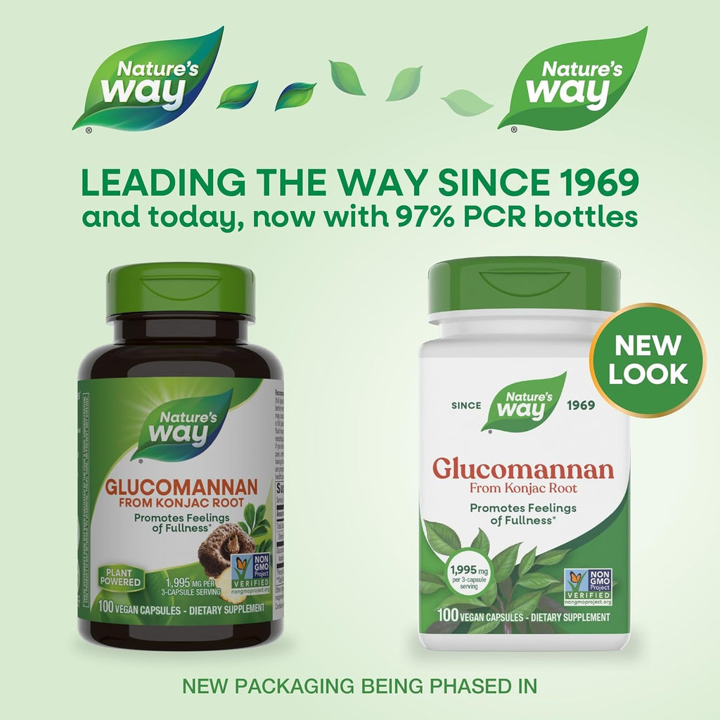 Nature'S Way Herbal Glucomannan from Konjac Root Capsules, Promotes Feelings of Fullness*, 1,995 Mg per 3-Capsule Serving, Non-Gmo Project Verified, Vegan, 100 Capsules (Packaging May Vary)