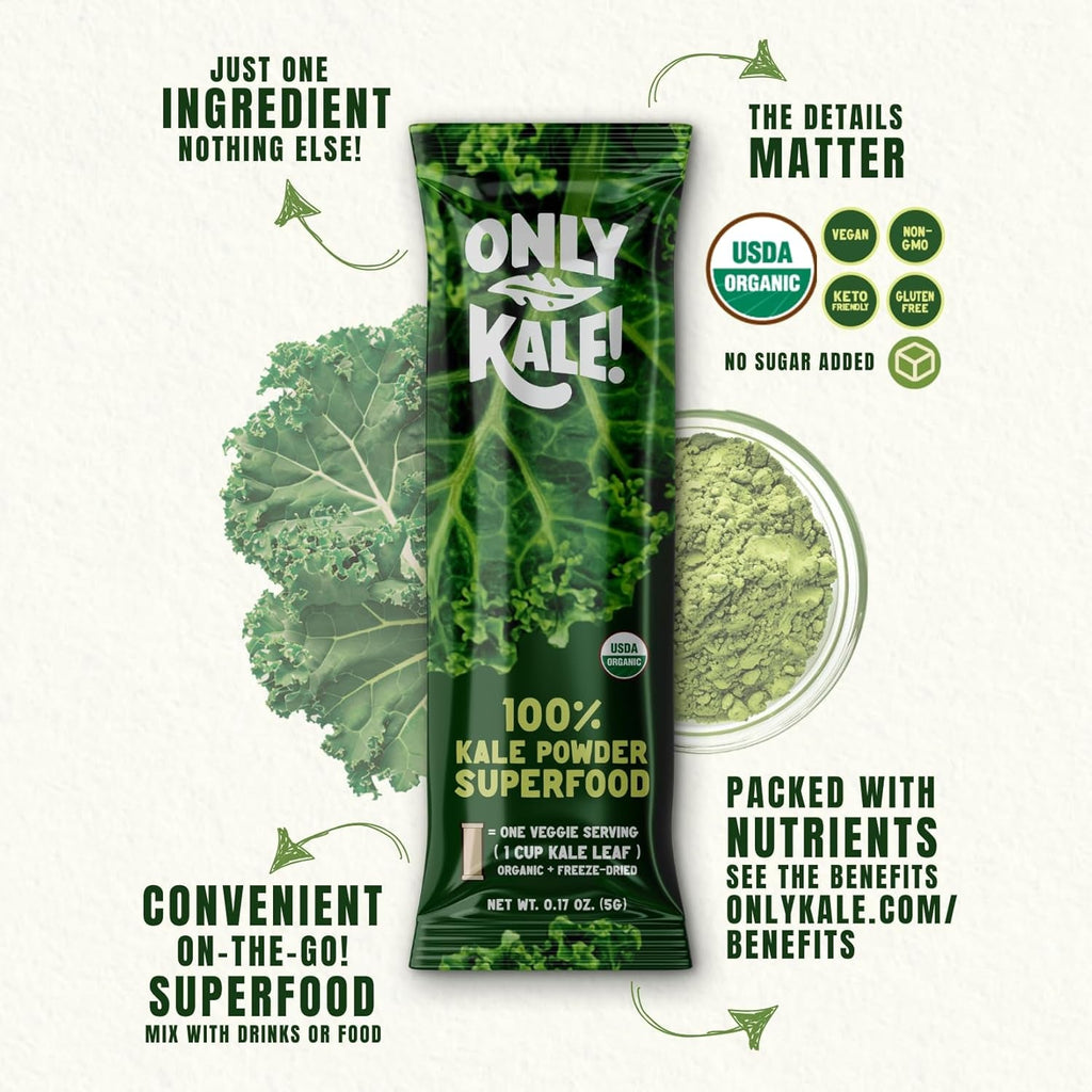 Onlykale™ Kale Powder - 1 Month Supply (15 Sticks) - Organic Green Superfood - USDA Organic, Clean Greens for Smoothies & Juices, Single-Serving Sticks