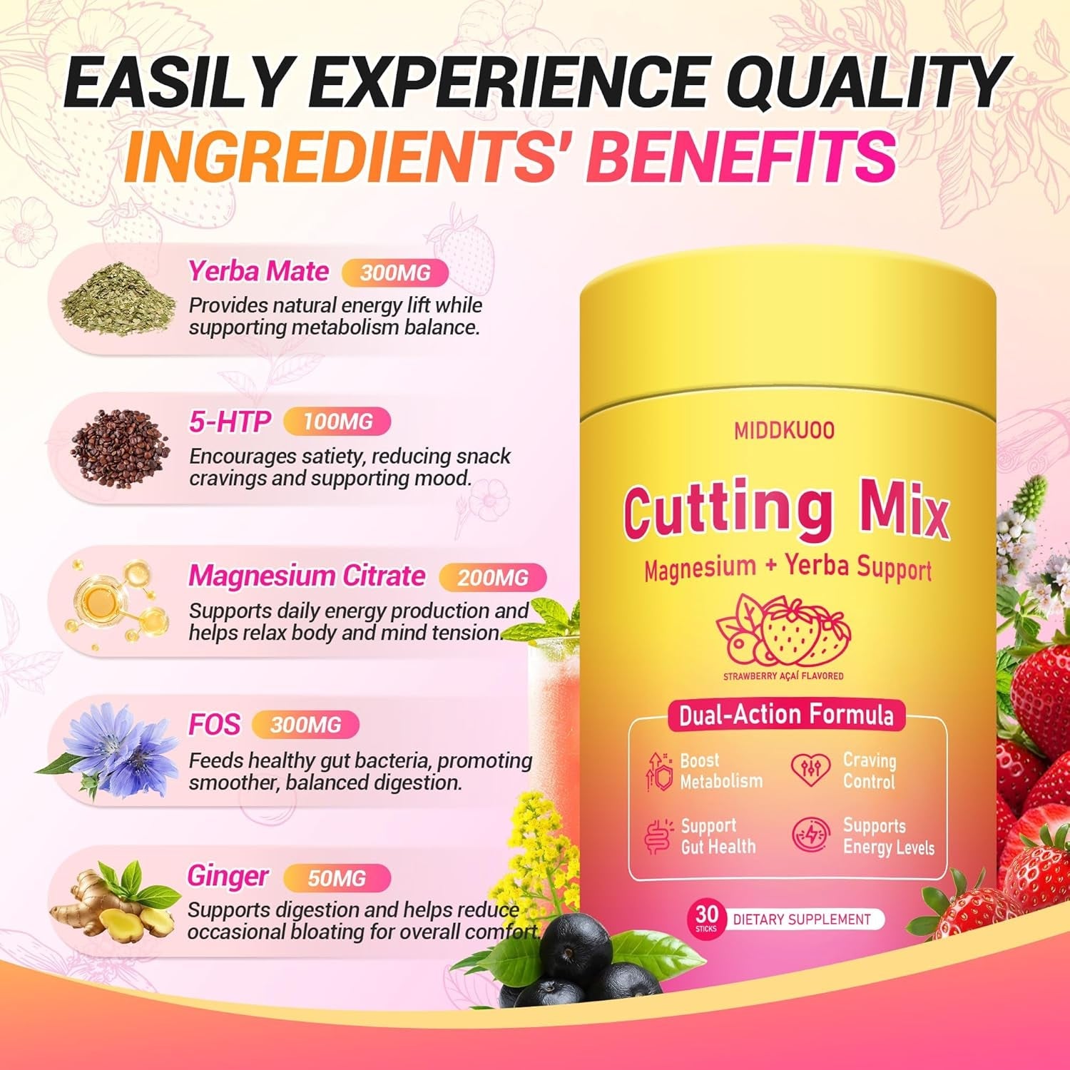 Cutting Drink Mix – Dual-Action Satiety Signaling, Energy & Digestive Health with Berberine, Chromium, FOS, Yerba Mate & 5-HTP | Vegan, Sugar-Free, Non-Gmo - 30 Sticks