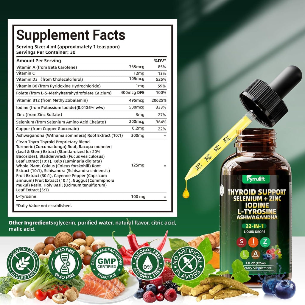 Thyroid Support for Women & Men, 22 in 1 Natural Herbal Formula Support Body Immune & Balance | Kelp Ashwagandha Turmeric Selenium Zinc L-Tyrosine Vitamin B12 | Thyroid Supplement Liquid Drops, 120 ML
