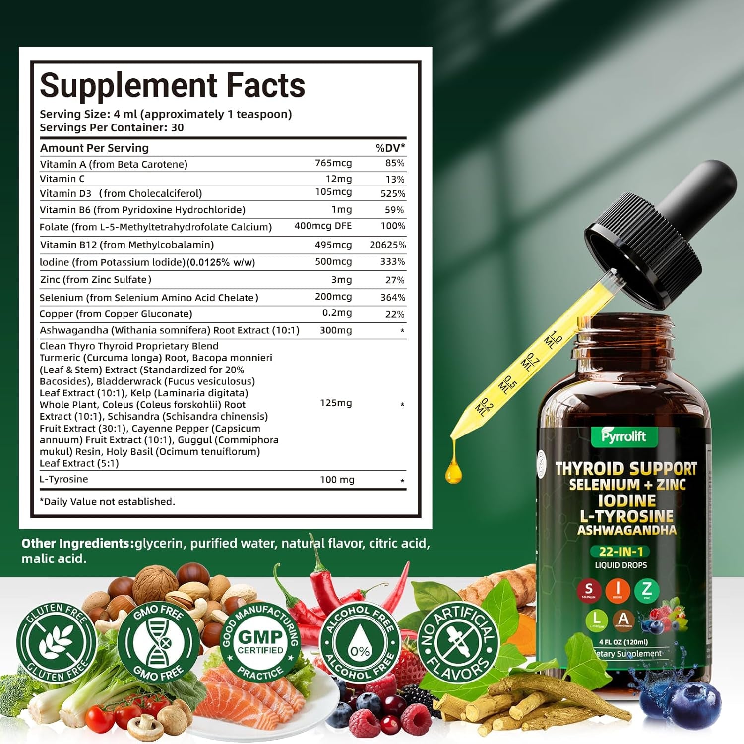 Thyroid Support for Women & Men, 22 in 1 Natural Herbal Formula Support Body Immune & Balance | Kelp Ashwagandha Turmeric Selenium Zinc L-Tyrosine Vitamin B12 | Thyroid Supplement Liquid Drops, 120 ML