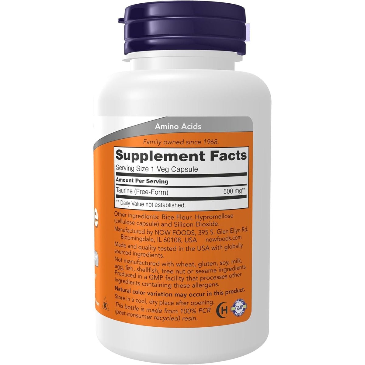 NOW Supplements, Taurine 500 Mg, Nervous System Health*, Amino Acid, 100 Veg Capsules