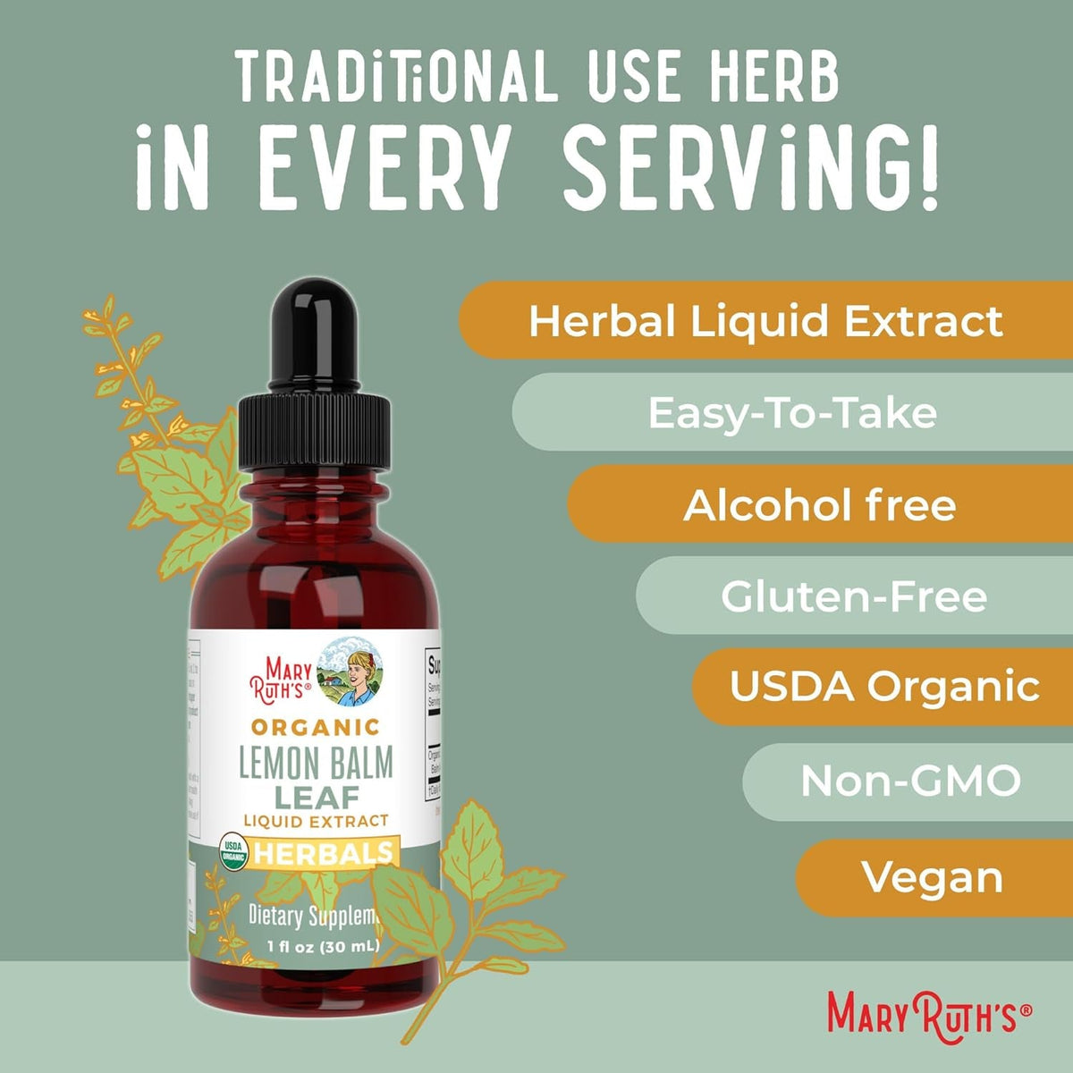MARYRUTH'S Organics Lemon Balm Leaf Liquid Extract | Mood Support | Relaxation | Calming | Nervine Herbal | Lemon Balm Tincture | USDA Organic | Vegan | Non-Gmo | Gluten Free | 1 Fl Oz