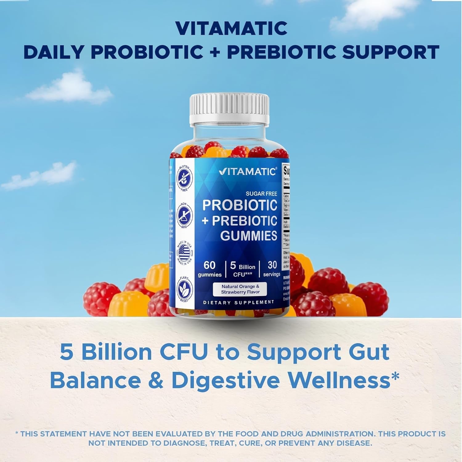 Vitamatic Probiotic Sugar Free Gummies for Men and Women – 5 Billion Cfus Digestive, Immune & Gut Health Support – Gluten Free
