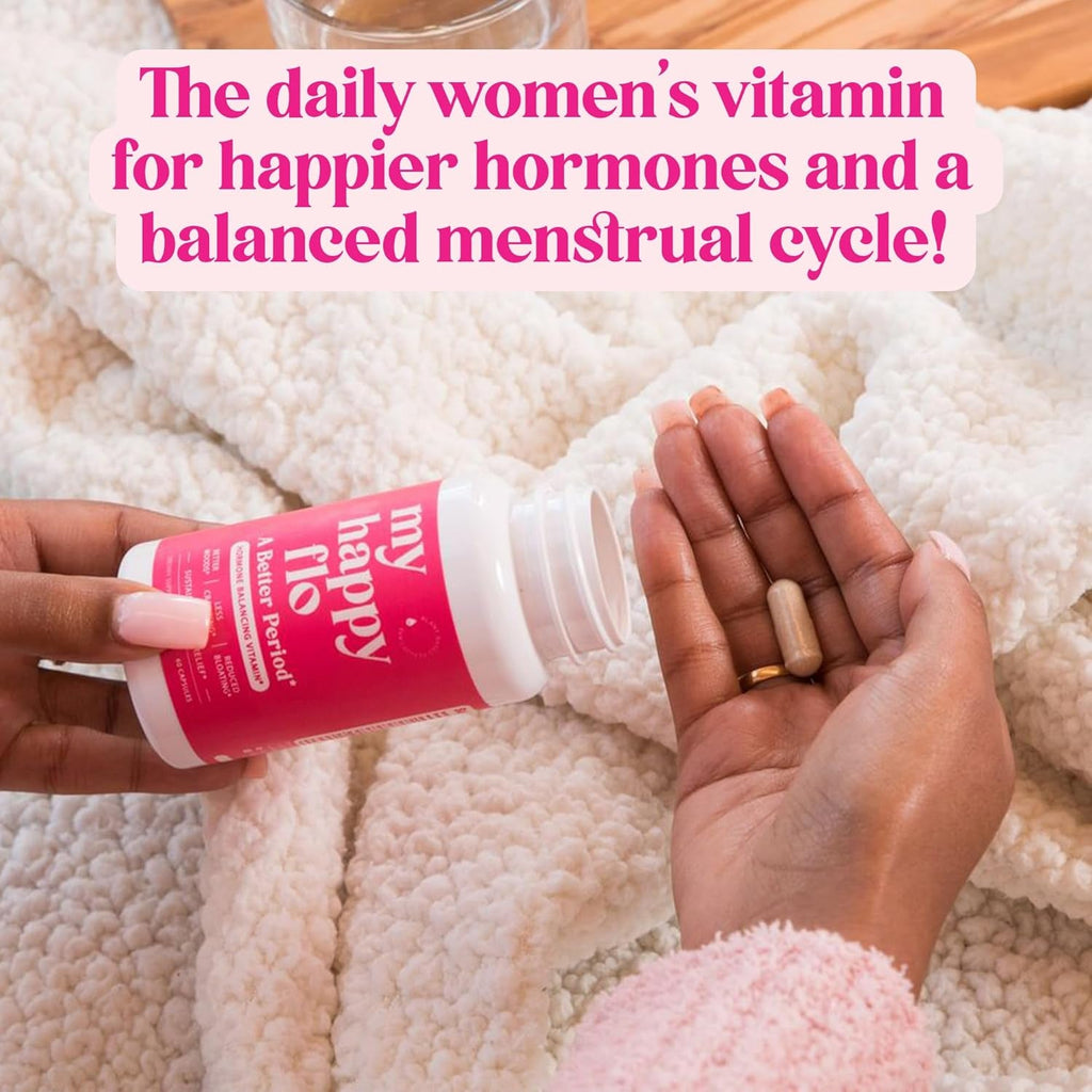 My Happy Flo Period Relief Supplement – Cramp Relief, Heavy Periods & Irregular Period Support, Bloating & Fibroid, Gentle Iron, DIM, Magnesium, Vitamin D3, Plant-Based PMS & Hormone Support | 60 Caps