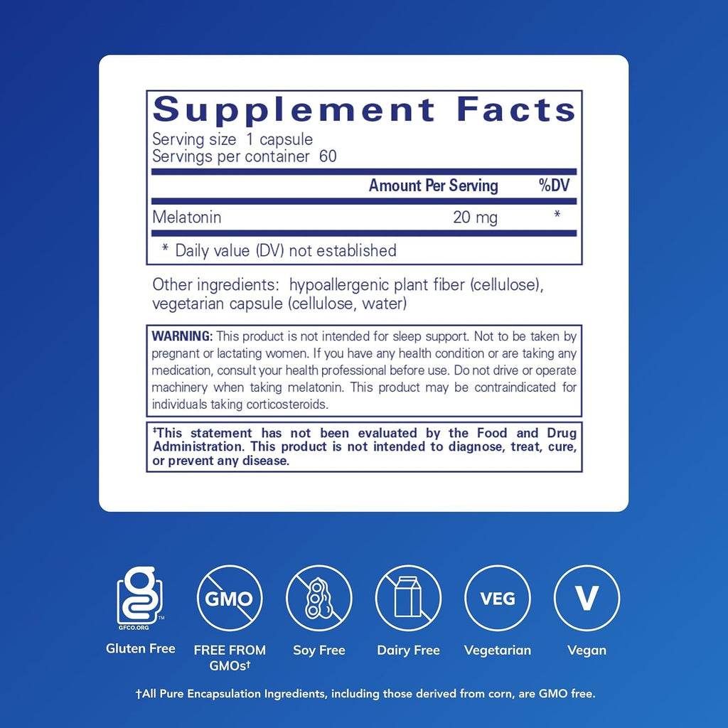 Pure Encapsulations Melatonin 20 Mg - Not Intended for Sleep Support - for Immune System & Healthy Cells - 99.5% Purity Melatonin - Gluten Free & Non-Gmo - 60 Capsules