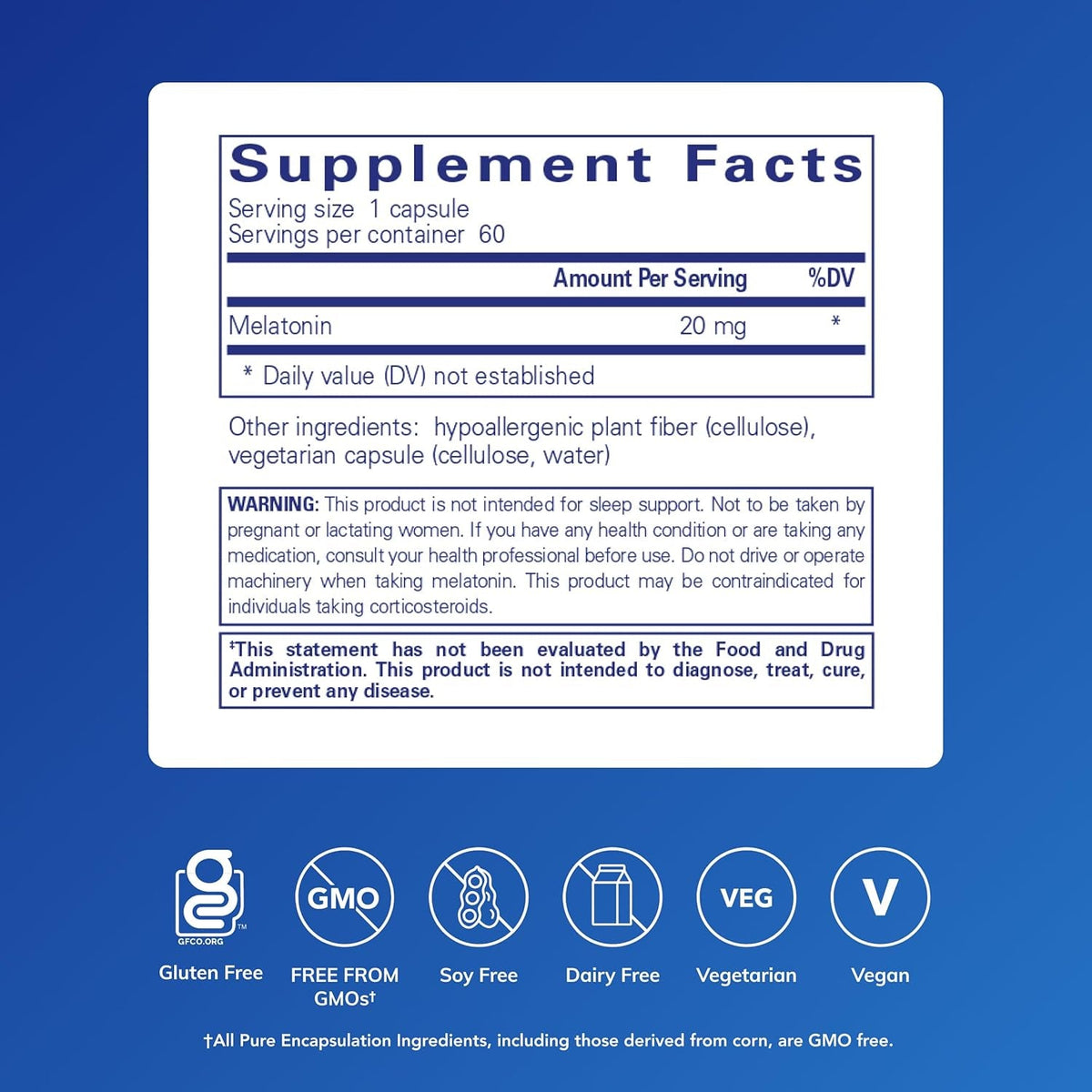 Pure Encapsulations Melatonin 20 Mg - Not Intended for Sleep Support - for Immune System & Healthy Cells - 99.5% Purity Melatonin - Gluten Free & Non-Gmo - 60 Capsules