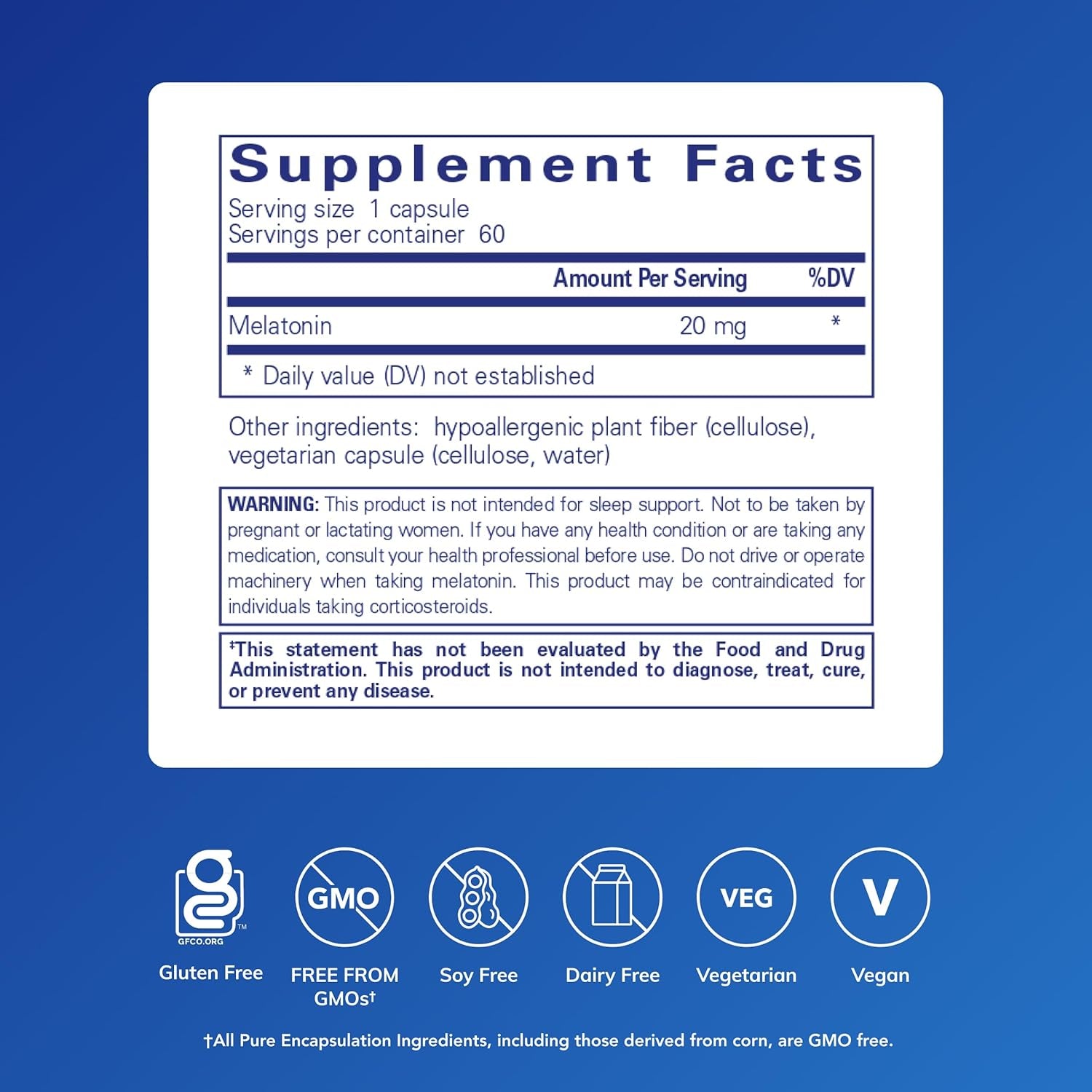 Pure Encapsulations Melatonin 20 Mg - Not Intended for Sleep Support - for Immune System & Healthy Cells - 99.5% Purity Melatonin - Gluten Free & Non-Gmo - 60 Capsules