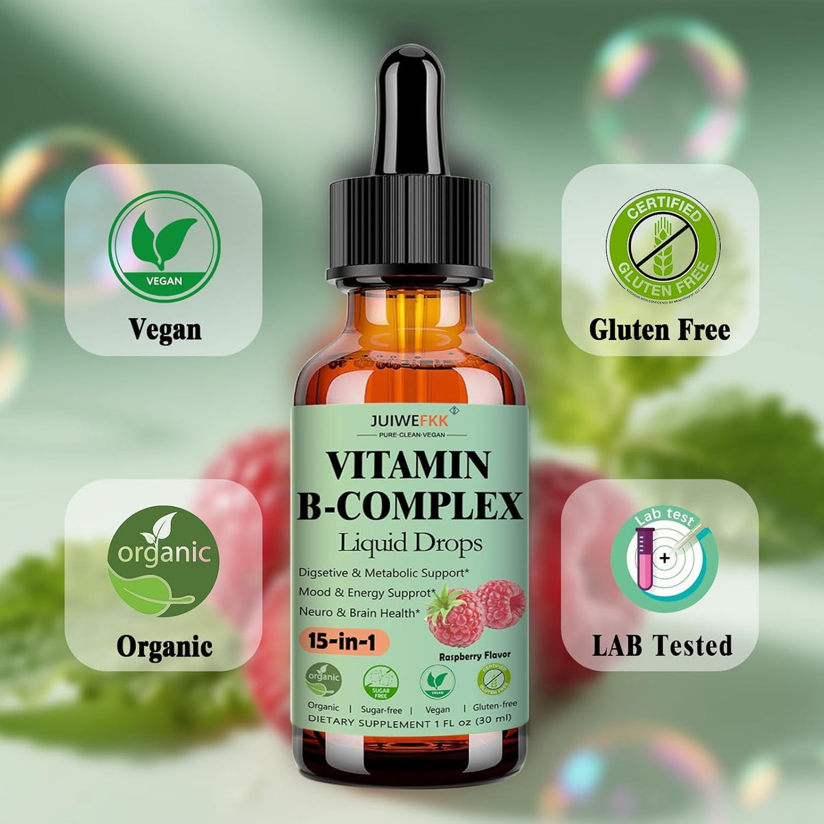 Vitamin B Complex Liquid Drops for Women Men & Kids, 15-In-1 VIT B Complex with Vitamin C B12 B6 B1 Niacin Folate Magnesium for Brain Nerve Neuropathy Energy Mood Health, Sublingual B-Complex Drops