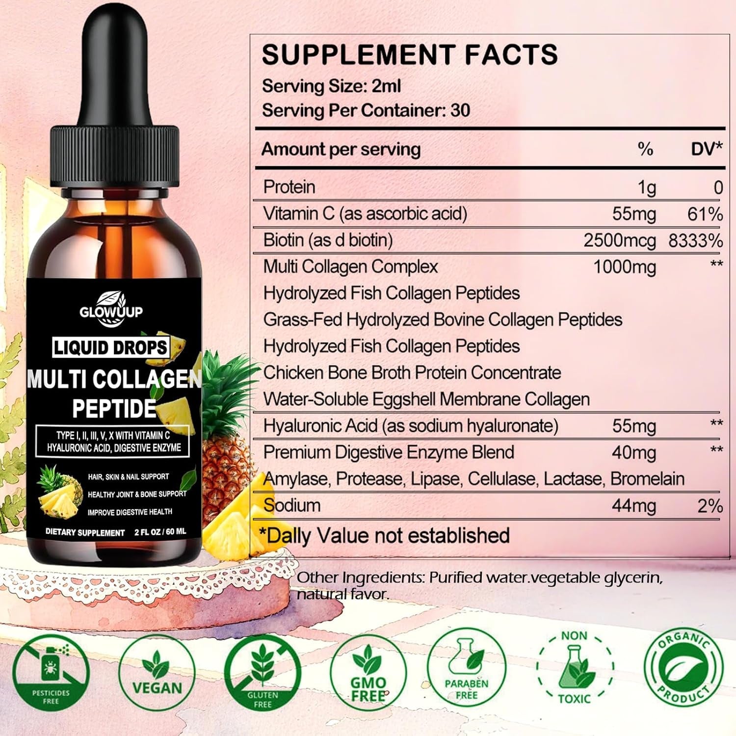 Multi Collagen Peptides Liquid Drops for Women & Men-Type I, II, III, V, X丨Hydrolyzed Collagen Peptides, Collagen Proteins W. Hyaluronic Acid, Biotin & Vitamin C for Hair Skin & Joint Gut Health