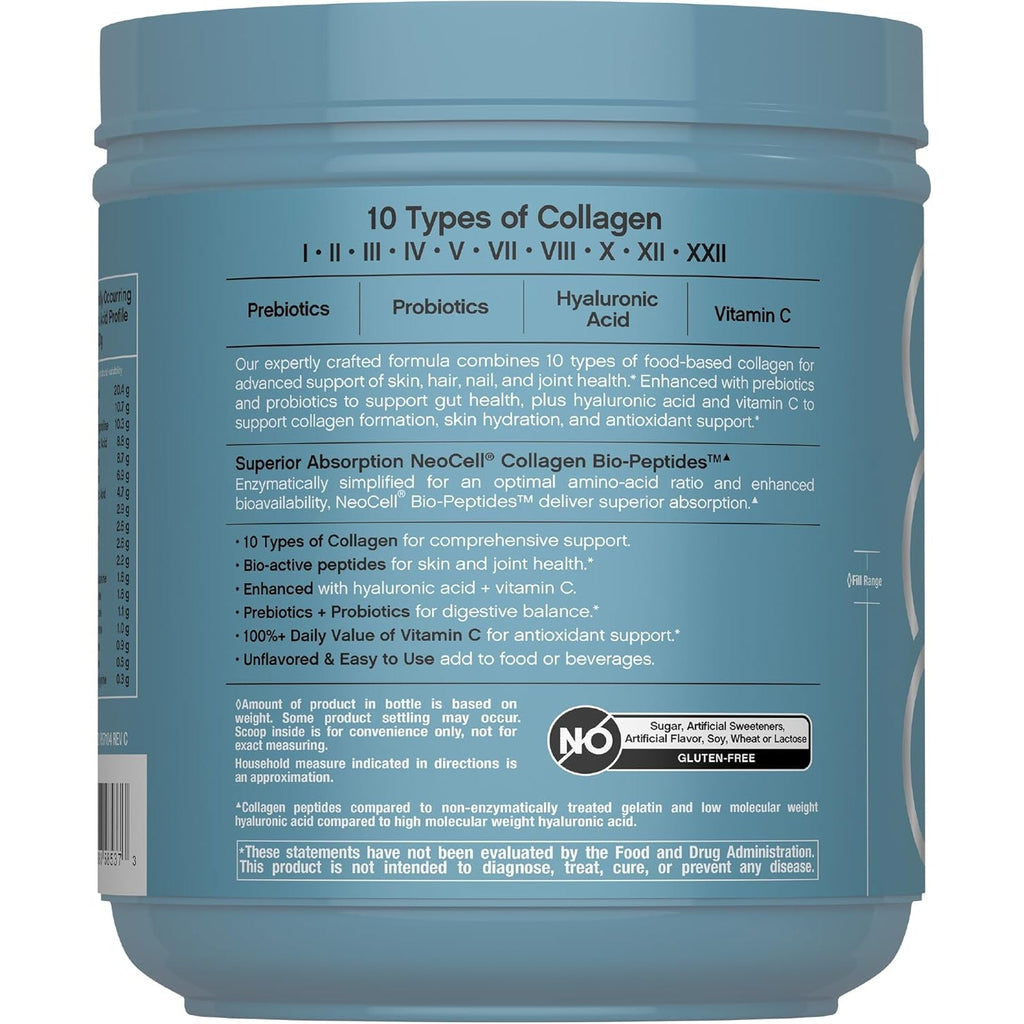 Neocell Multi Collagen Bio-Peptides Powder | 22Oz | Advanced with Hyaluronic Acid and Vitamin C | 10 Super Types of Collagen | Superior Absorption | Grassfed Protein Supplement