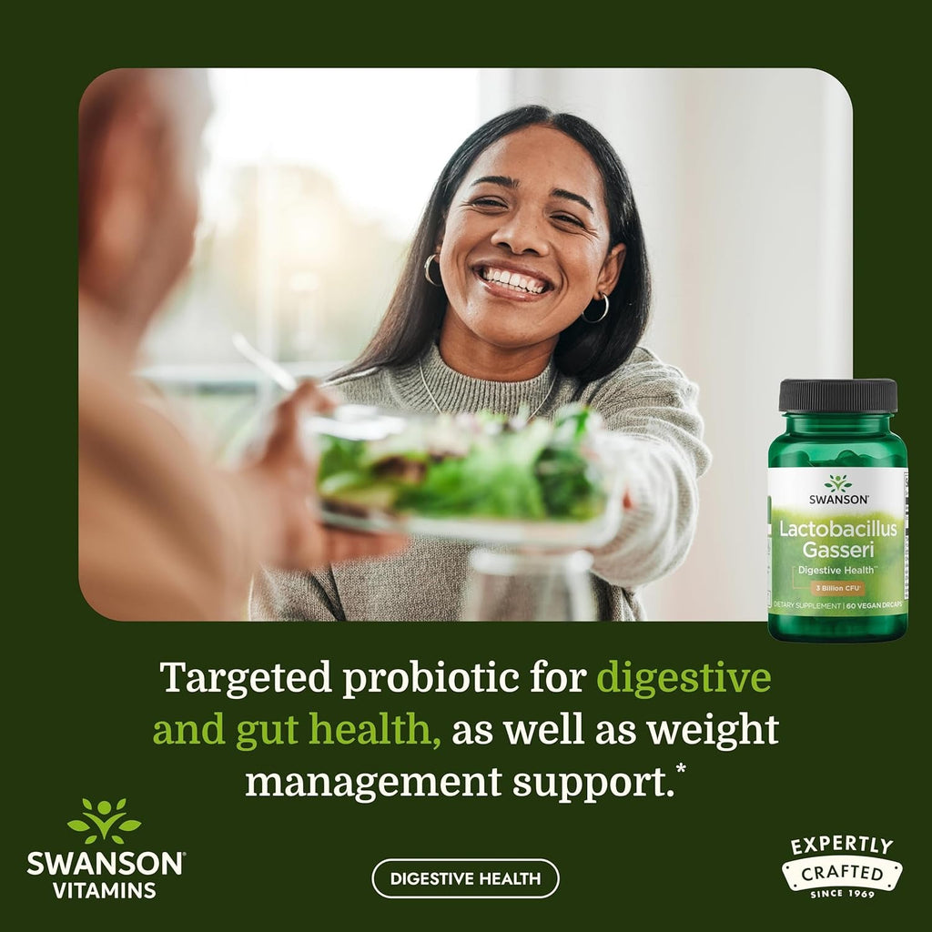 Swanson Lactobacillus Gasseri Probiotic for Adults Seeking Digestive and Metabolic Support with 3 Billion CFU - Acid-Resistant, No Refrigeration (60 Vegan Capsules)