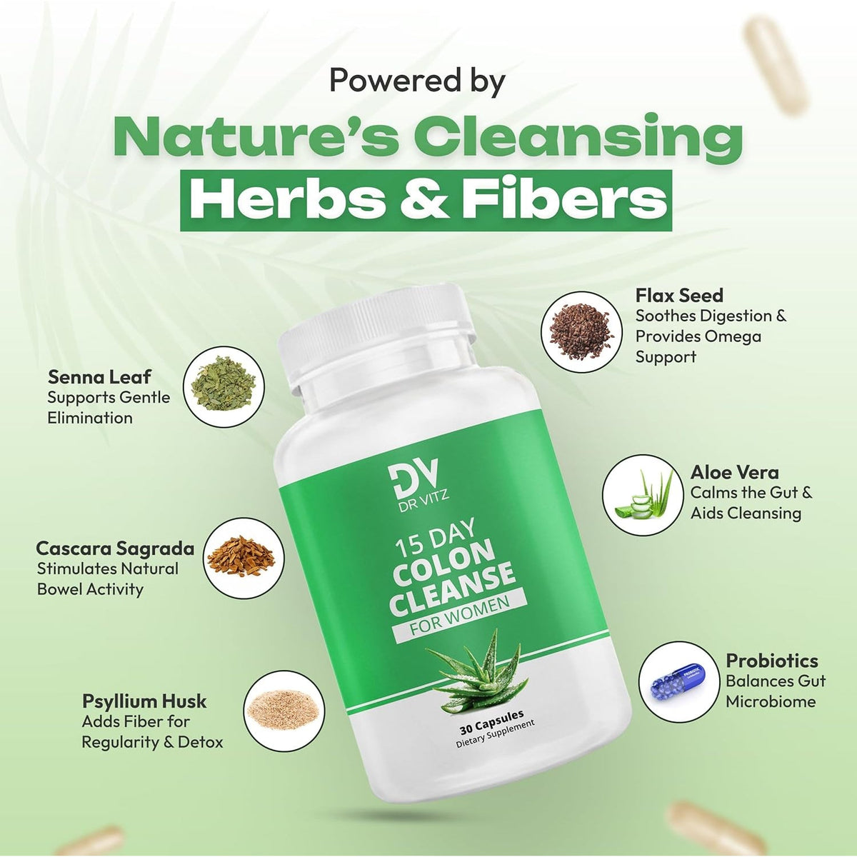 15 Day Colon Cleanse for Women – Natural Detox Pills with Herbs, Fiber & Probiotics – Bloating & Constipation Relief, Weight Loss & Gut Health Reset – 30 Capsules