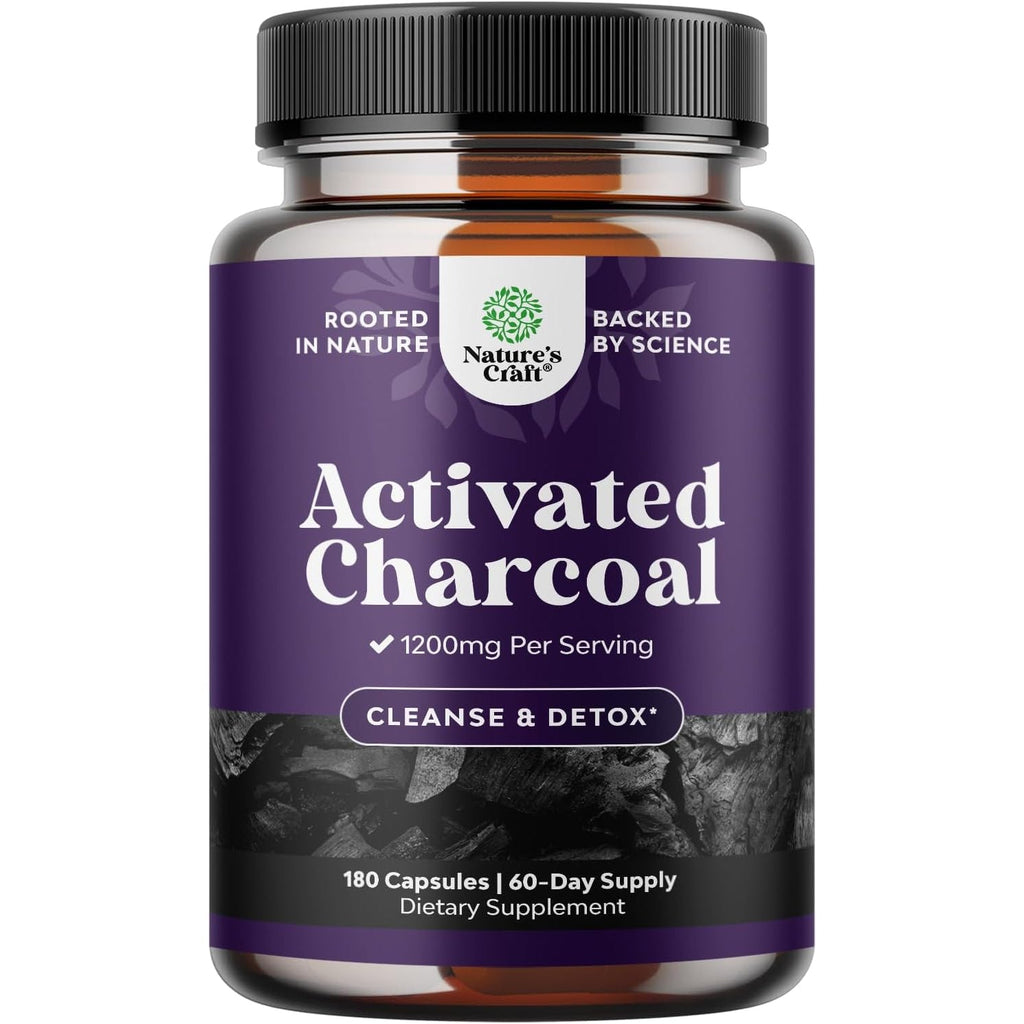Natures Craft Activated Charcoal Pills Detox & Cleanse - Purifying Coconut Capsules with 1200 Mg per Serving for Bloating Relief - Active Detox Supplement for Body & Gut Health -180 Count