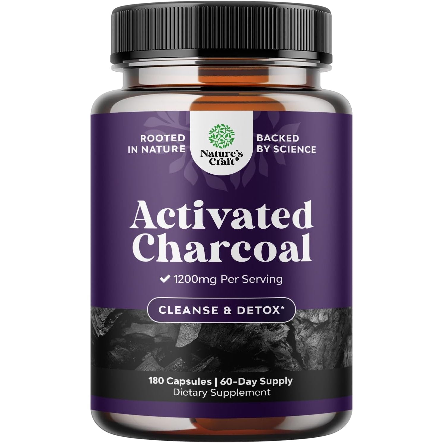 Natures Craft Activated Charcoal Pills Detox & Cleanse - Purifying Coconut Capsules with 1200 Mg per Serving for Bloating Relief - Active Detox Supplement for Body & Gut Health -180 Count
