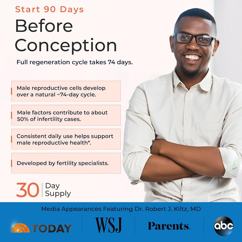 Male Preconception+ Fertility Supplements for Men - Reproductive Cell & Fertility Support - Conception for Him - Coq10, Ashwagandha, Shilajit, DAA, Zinc, Selenium - 30 Day Supply