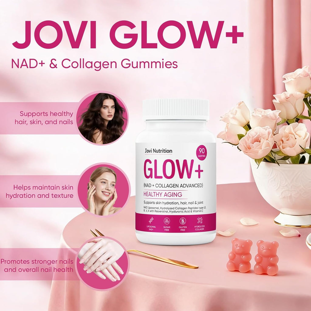 Jovi Glow+ NAD+ & Collagen Gummies, Multi-Type Hydrolyzed Collagen Peptides, Resveratrol, Hyaluronicacid, Vitaminc, Supplement for Skin, Hair, Nails, 90 Count (1, A)