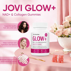 Jovi Glow+ NAD+ & Collagen Gummies, Multi-Type Hydrolyzed Collagen Peptides, Resveratrol, Hyaluronicacid, Vitaminc, Supplement for Skin, Hair, Nails, 90 Count (1, A)