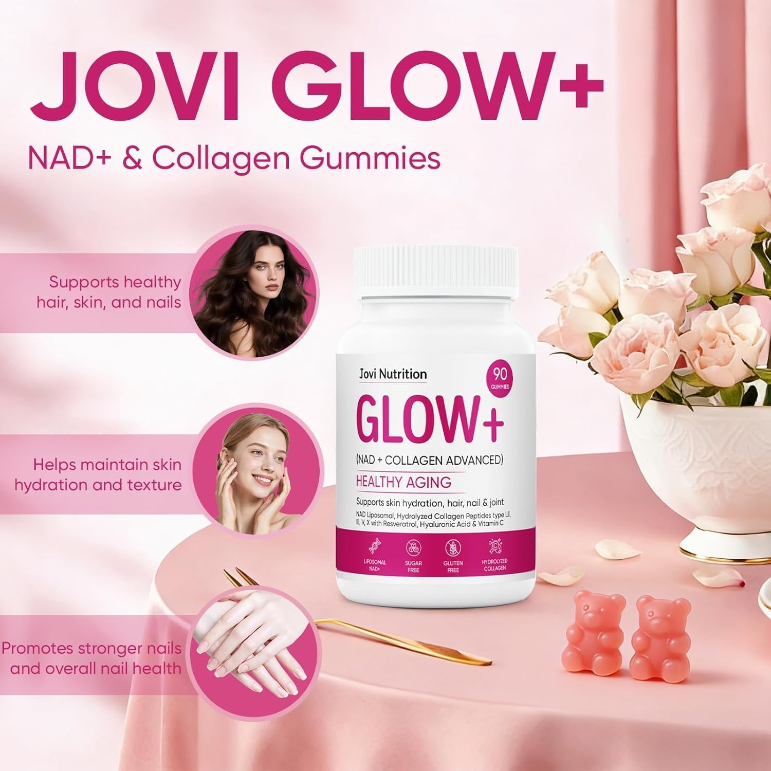 Jovi Glow+ NAD+ & Collagen Gummies, Multi-Type Hydrolyzed Collagen Peptides, Resveratrol, Hyaluronicacid, Vitaminc, Supplement for Skin, Hair, Nails, 90 Count (1, A)