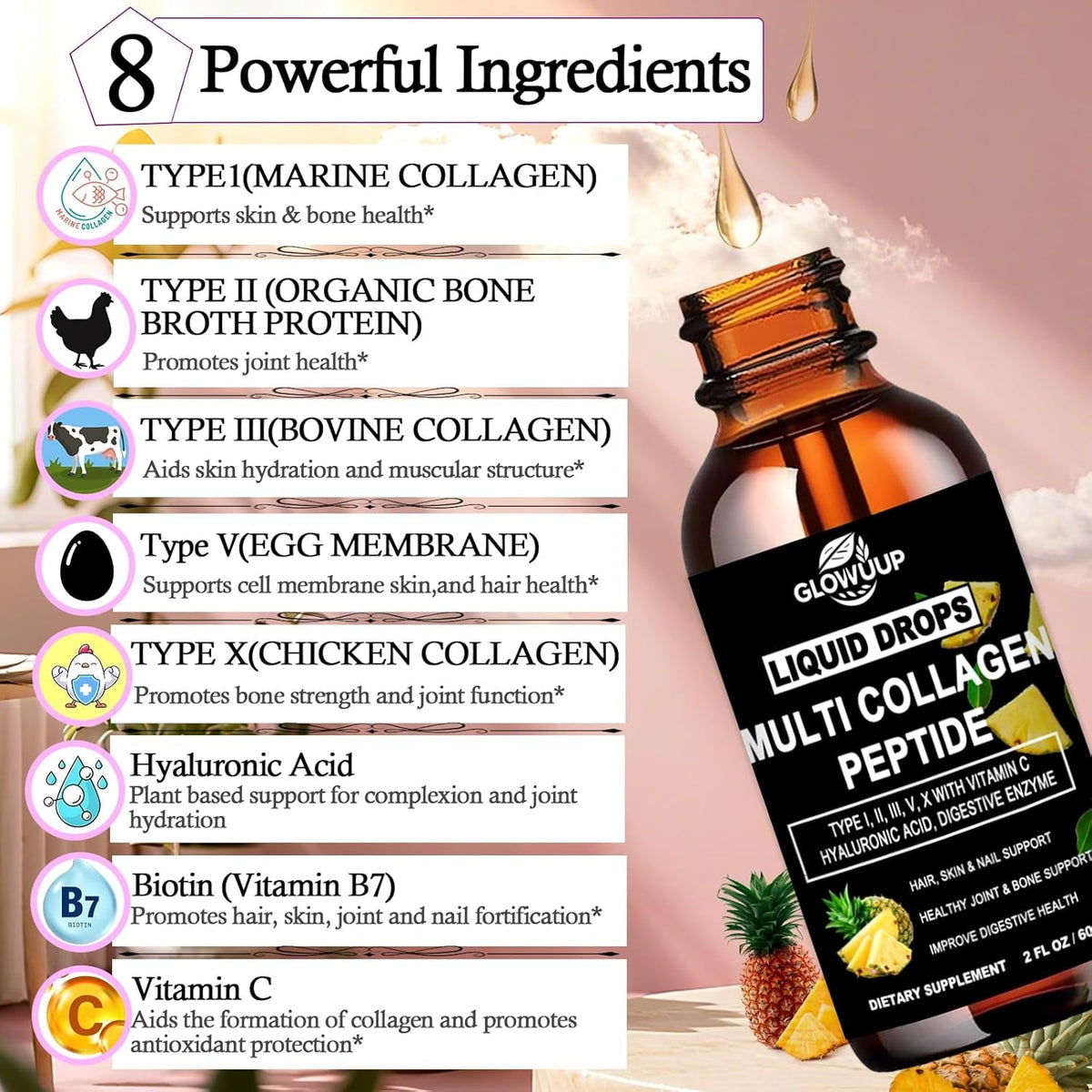 Multi Collagen Peptides Liquid Drops for Women & Men-Type I, II, III, V, X丨Hydrolyzed Collagen Peptides, Collagen Proteins W. Hyaluronic Acid, Biotin & Vitamin C for Hair Skin & Joint Gut Health