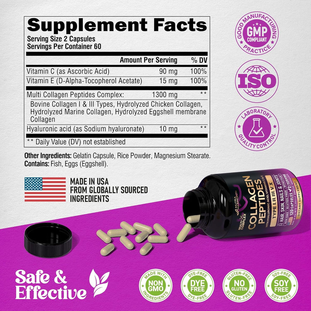 Multi Collagen Peptides - Hydrolyzed Types I, II, III, V & X - Collagen Supplement for Women 1300Mg - W/ Hyaluronic Acid, Vitamins C & E - Skin, Hair, Nails & Joint Support - Lab Tested - 120 Capsules