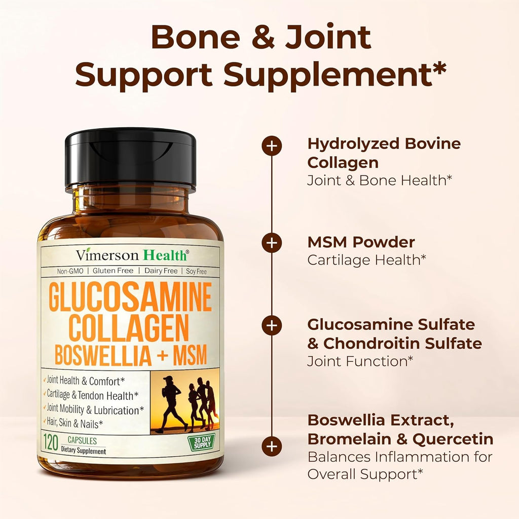 Glucosamine Chondroitin with 1200Mg Hydrolyzed Collagen Peptides, Boswellia Extract, Quercetin, Bromelain, MSM – Hair Skin Nails and Joint Supplement for Women & Men – FSA Eligible 120 Capsules