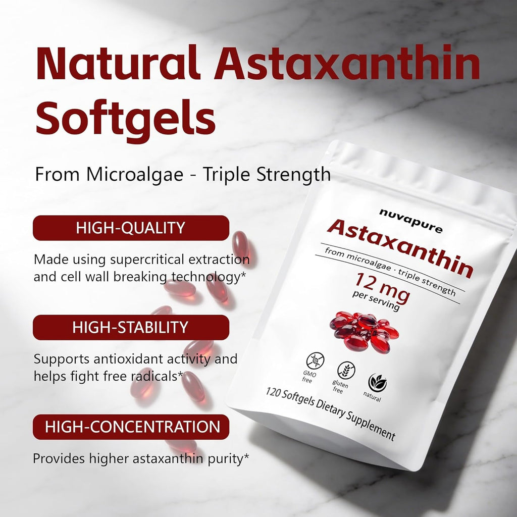 Nuvapure Astaxanthin 12Mg Softgels – Triple Strength Astaxanthin from Microalgae, Non-Gmo, Gluten Free, Antioxidant Dietary Supplement, 120 Softgels