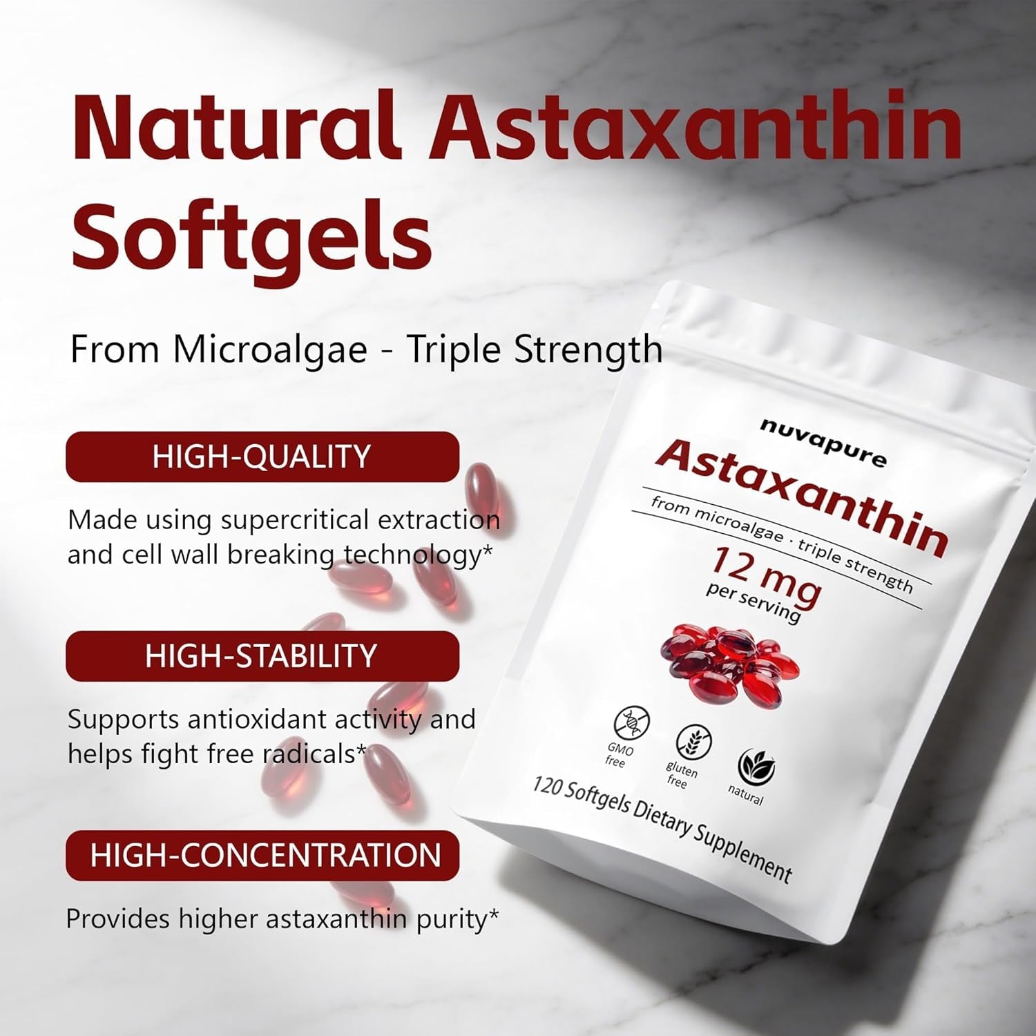 Nuvapure Astaxanthin 12Mg Softgels – Triple Strength Astaxanthin from Microalgae, Non-Gmo, Gluten Free, Antioxidant Dietary Supplement, 120 Softgels