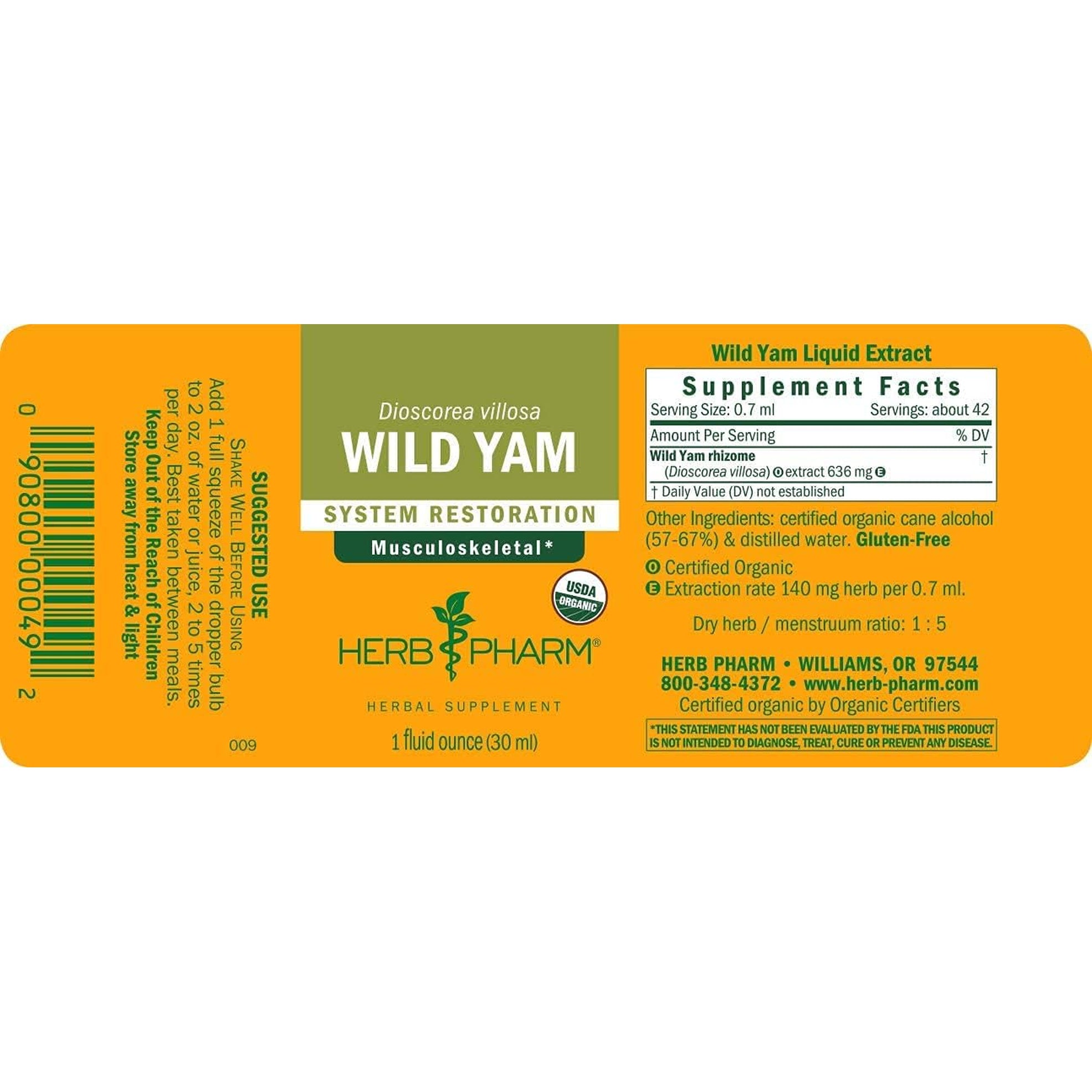 Herb Pharm Certified Organic Wild Yam Liquid Extract Drops for Musculoskeletal System Support, 1 Oz