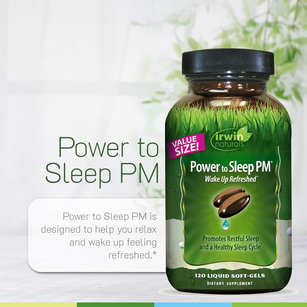 Irwin Naturals Power to Sleep PM – Natural Sleep Aid with Melatonin, Ashwagandha, Valerian, GABA & L-Theanine – Promotes Relaxation, Restful Sleep & Healthy Sleep Cycle – 120 Liquid Soft-Gels