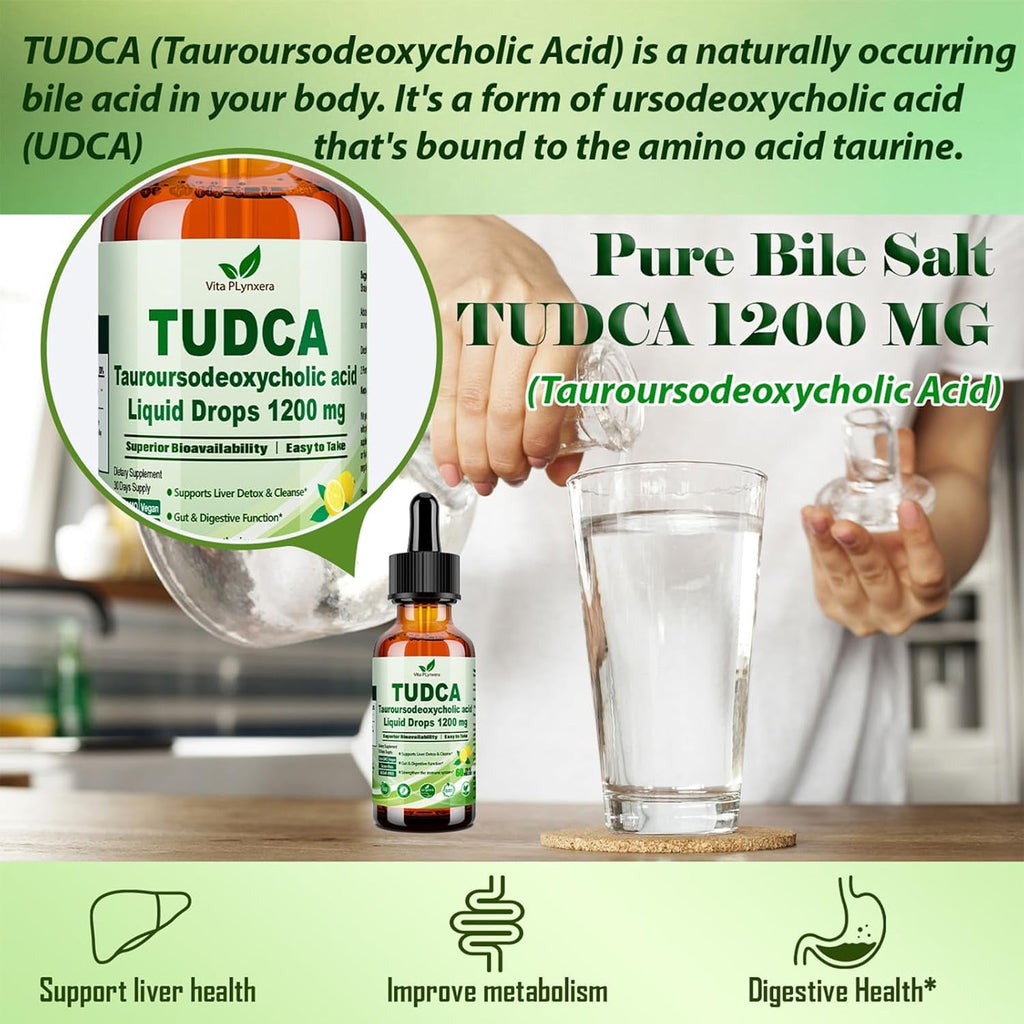 Pure TUDCA Bile Salts Liquid Drops 1200Mg (Tauroursodeoxycholic Acid) Premium Liver Support, Bile Flow & Gallbladder Cleanse Supplement丨High Absorption Liquid | Non-Gmo | 3Rd Party Tested | 2 Fl Oz