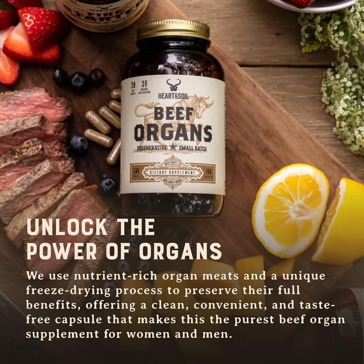 HEART & SOIL – 100% Grass Fed & Finished Beef Organs from Regenerative Cattle with Liver, Heart, Kidney, Pancreas & Spleen – 3000Mg Beef Organ Supplement for Women & Men – Glass Bottle – 180 Capsules