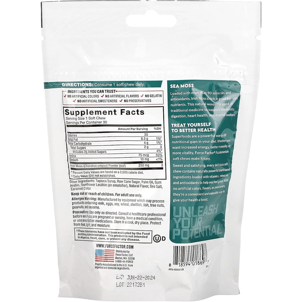 Force Factor Sea Moss Soft Chews, Support Immunity, Digestion, and Heart Health, Irish Sea Moss Superfood & Antioxidants Supplement, Non-Gmo, Gluten-Free, Salted Caramel Flavor, 30 Soft Chews