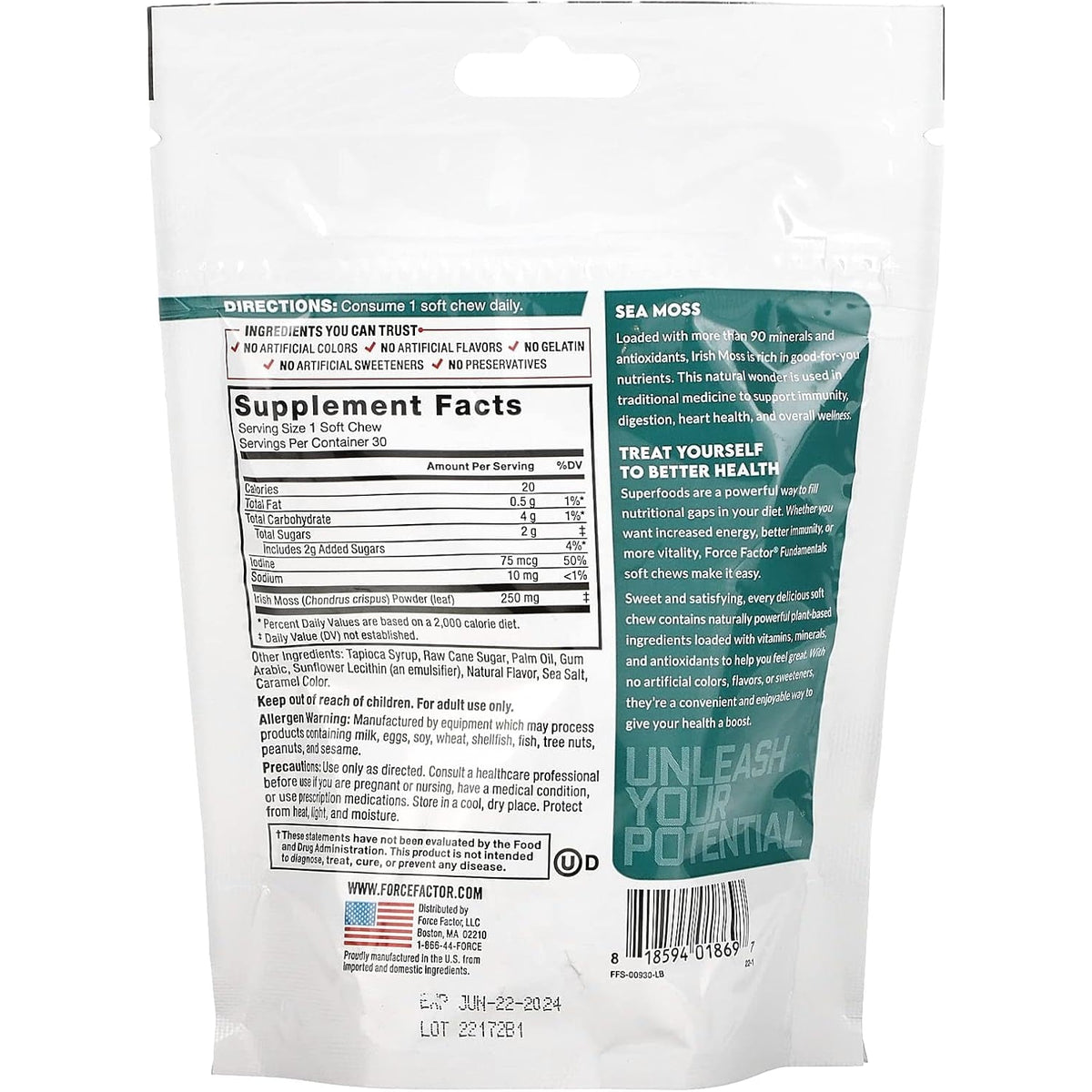 Force Factor Sea Moss Soft Chews, Support Immunity, Digestion, and Heart Health, Irish Sea Moss Superfood & Antioxidants Supplement, Non-Gmo, Gluten-Free, Salted Caramel Flavor, 30 Soft Chews