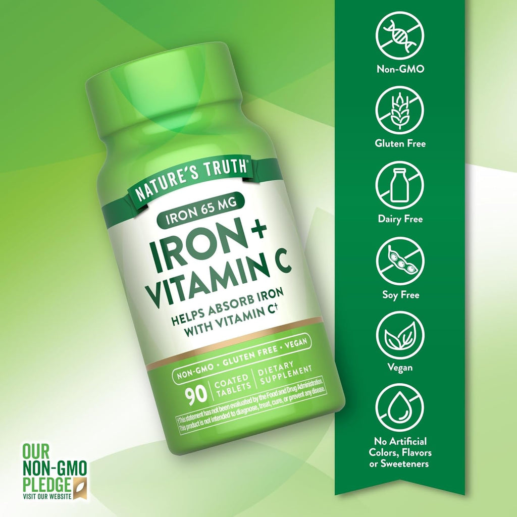 Nature'S Truth Iron plus Vitamin C Tablets | 65Mg of Iron | 90 Count | High Potency | Vegan, Non-Gmo & Gluten Free Supplement