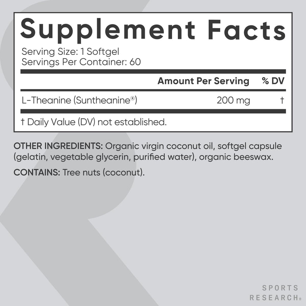 Sports Research Double Strength L-Theanine Supplement - Suntheanine Softgels for Focus, Relaxation & Alertness - Non-Drowsy Support Made with Coconut Oil, Non-Gmo & Gluten Free - 200Mg, 60 Count