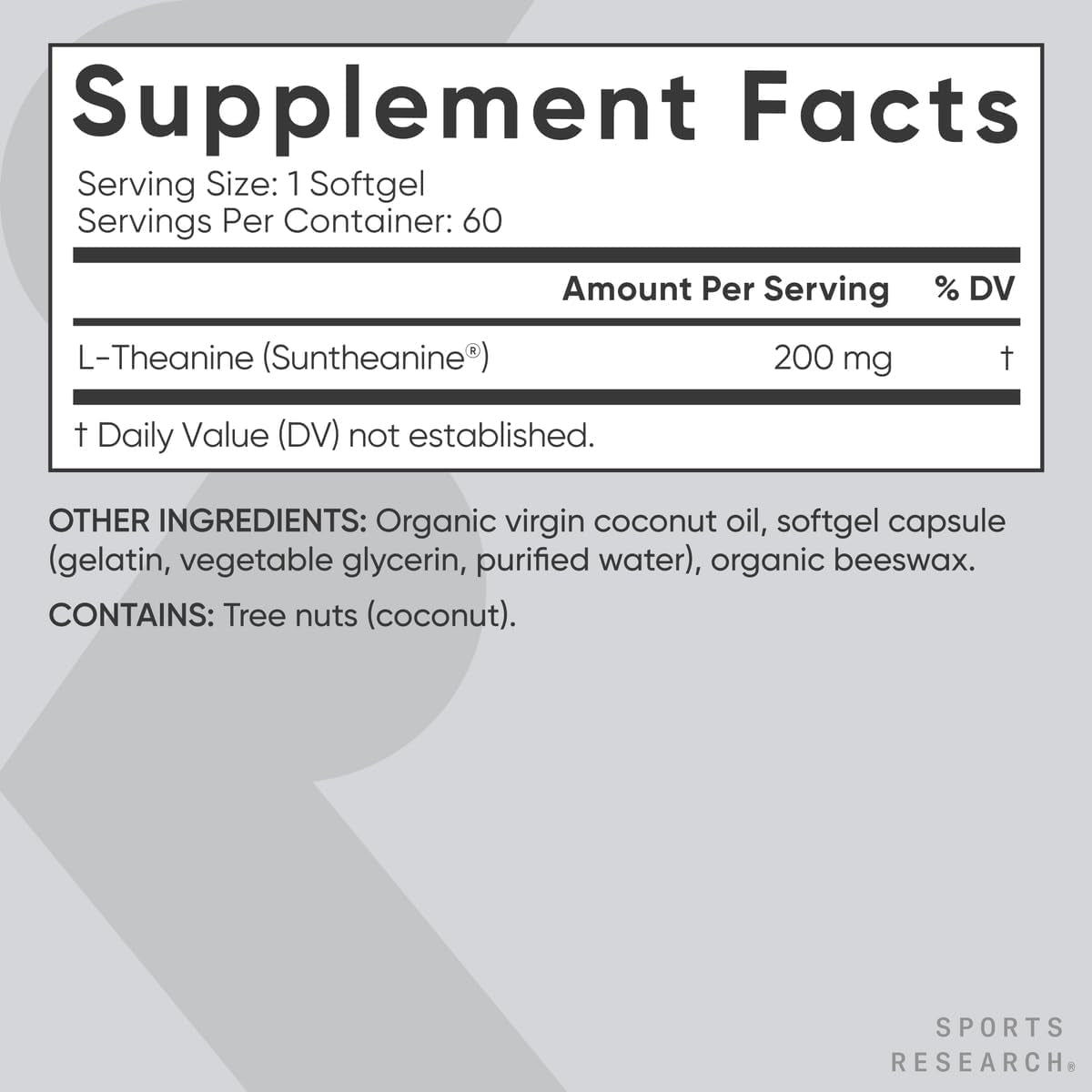 Sports Research Double Strength L-Theanine Supplement - Suntheanine Softgels for Focus, Relaxation & Alertness - Non-Drowsy Support Made with Coconut Oil, Non-Gmo & Gluten Free - 200Mg, 60 Count