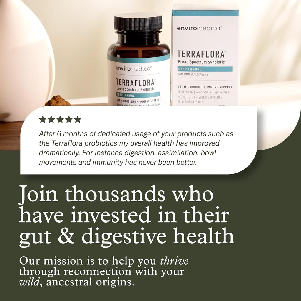 Terraflora Deep Immune Synbiotic- SBO Probiotic and Prebiotic, Immune Support, Gut Health, Soil Based Spore Pre and Probiotics for Women and Men, Lc-Plasma, Bacillus Coagulans, Subtilis, 60 Capsules