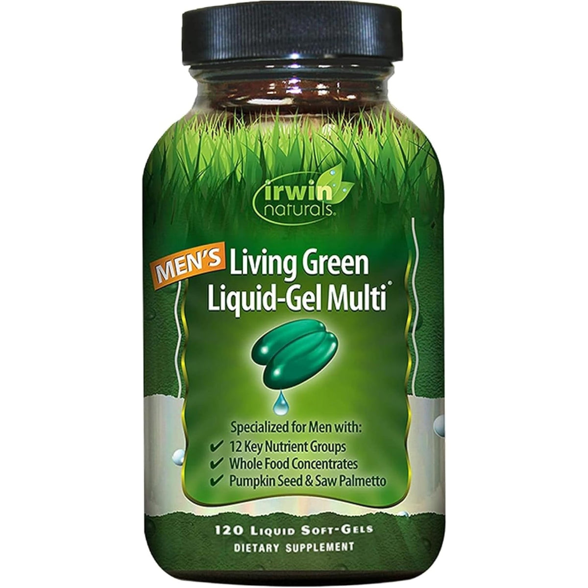 Irwin Naturals Men'S Living Green Liquid-Gel Multi - 70 Essential Nutrients, Full-Spectrum Vitamin Supplements for Men, Wholefood Blend - Promotes Brain & Adrenal Support - 120 Liquid Soft-Gels