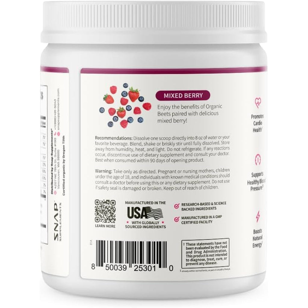Snap Supplements Organic Beet Root Powder Nitric Oxide Supplement for Men & Women, Red Spinach & Pomegranate, Supports Healthy Energy & Blood Pressure Already in Normal Range, 30 Servings, Mixed Berry