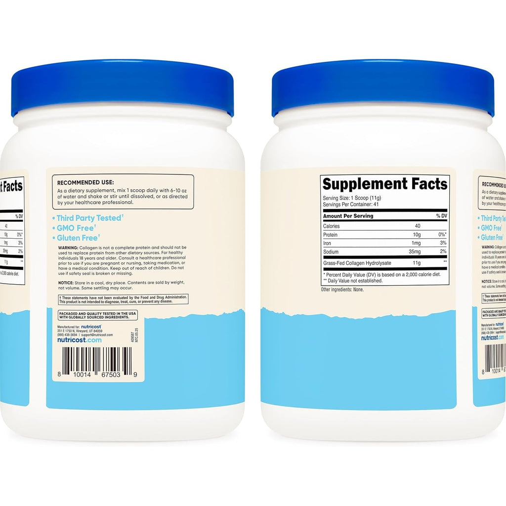 Nutricost Collagen Peptides Powder 1LB (454 G) - Grass Fed Bovine Collagen Hydrolysate (Unflavored)