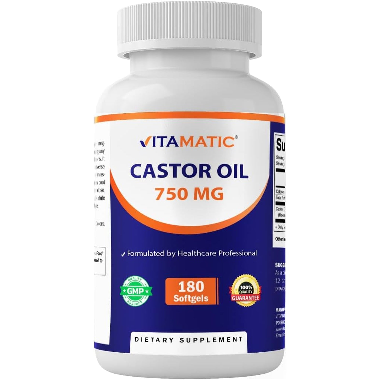 Vitamatic Castor Oil Softgels 750 Mg | Cold Pressed | 180 Softgels | Easy-To-Swallow