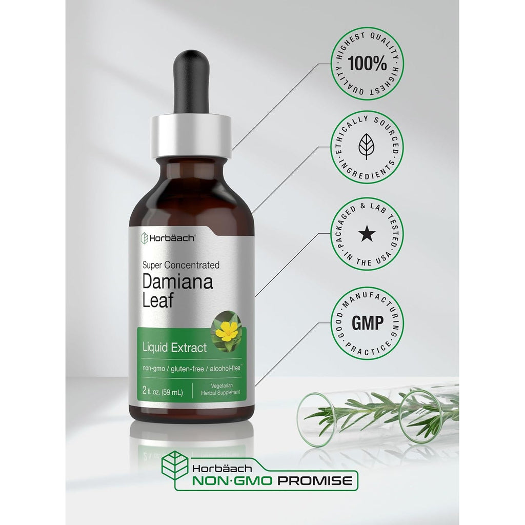 Horbäach Damiana Leaf Herb Tincture | 2 Fl Oz | Super Concentrated | Alcohol Free Liquid Extract | Vegetarian, Non-Gmo & Gluten Free Herbal Supplement