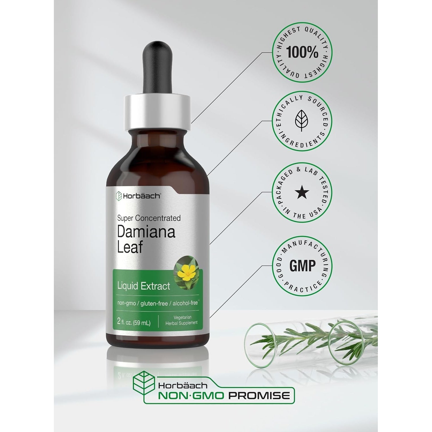 Horbäach Damiana Leaf Herb Tincture | 2 Fl Oz | Super Concentrated | Alcohol Free Liquid Extract | Vegetarian, Non-Gmo & Gluten Free Herbal Supplement