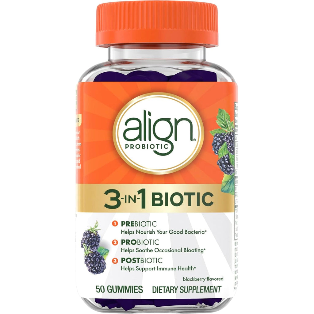 Align Probiotic, 3-In-1 Biotic Gummies, Prebiotic + Probiotic + Postbiotic, #1 Doctor Recommended Probiotic Brand‡, Helps Relieve Occasional Bloating*, Blackberry Flavor, 50 Gummies
