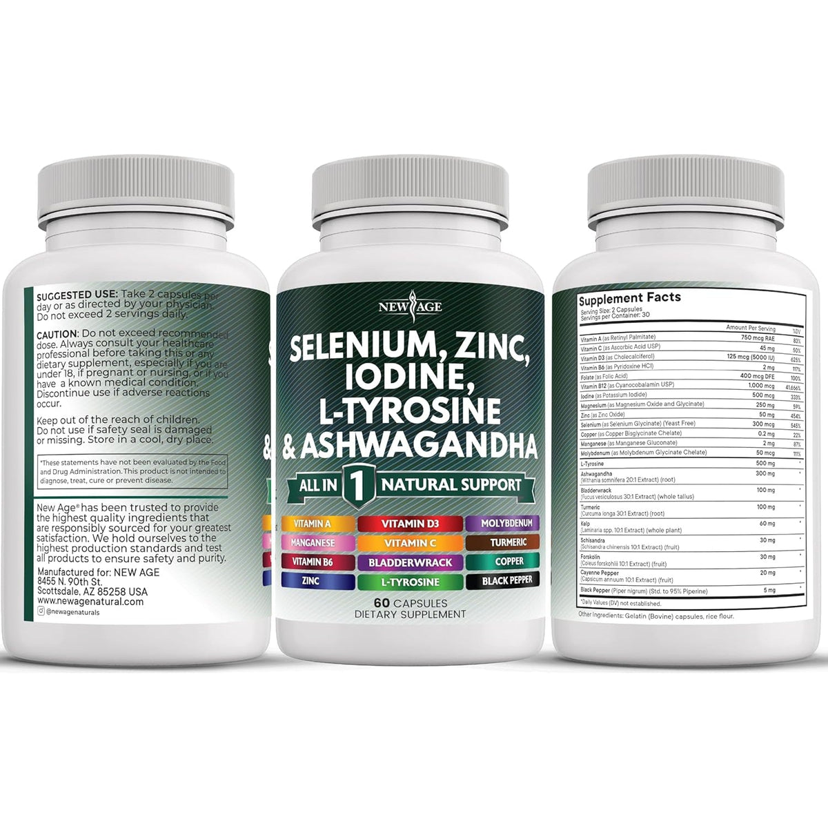 NEW AGE Selenium, Zinc, Iodine, L Tyrosine, Ashwagandha - Supplement for Women and Men with Bladderwrack, Turmeric, Silica Kelp, Schisandra - 120 Count