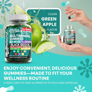 Sea Moss Gummies | Clinically Tested - Black Seed Oil Ashwagandha Elderberry Burdock Root Chlorella Manuka Honey - Vegan Irish Sea Moss Gummy Vitamins for Adults Kids Men Women - Green Apple Flavor