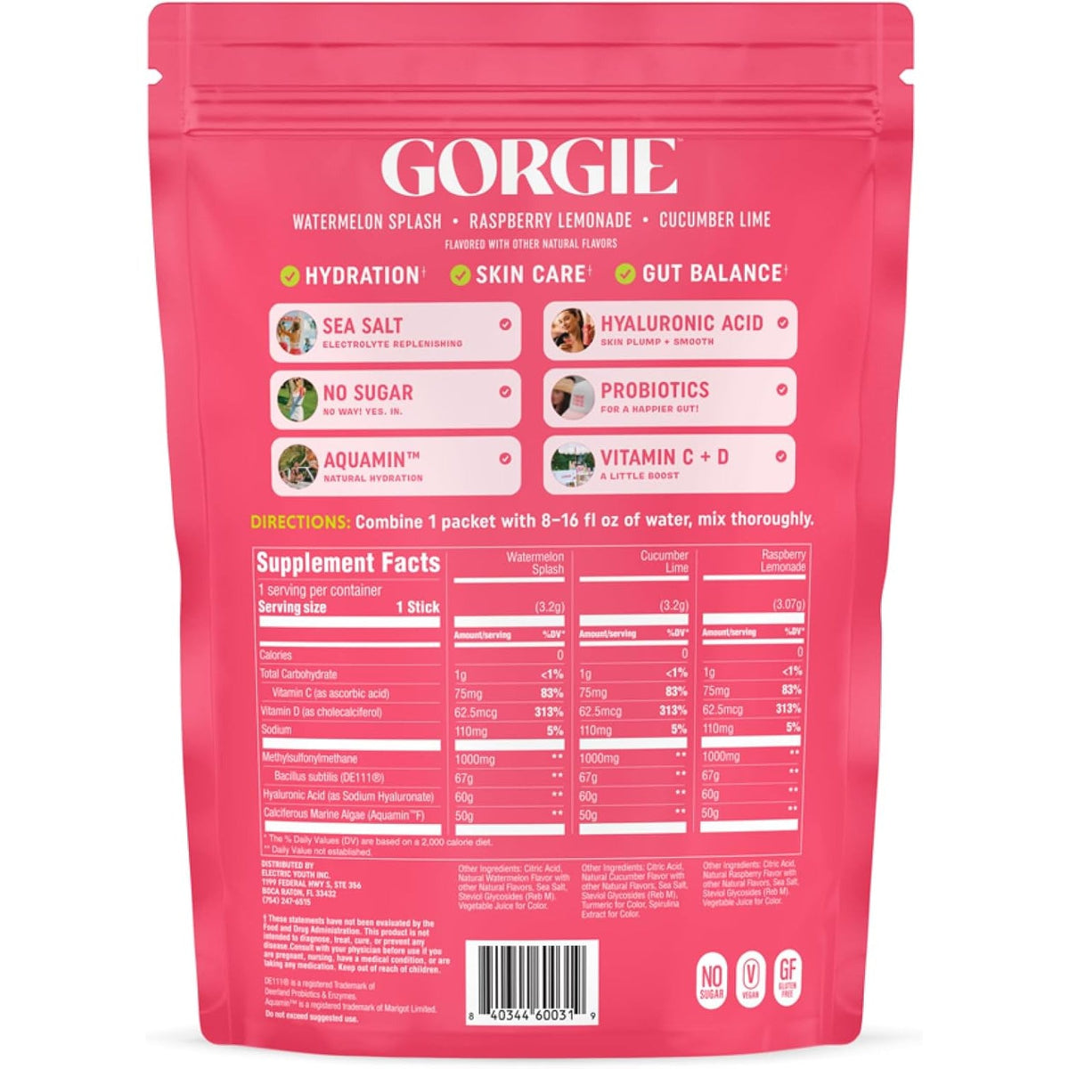 GORGIE Glow Hydration Packets, Sugar-Free Electrolyte Powder Sticks, Hyaluronic Acid, Probiotics, Aquamin, Vitamins C, D Daily Hydration, Skin and Gut Support, Caffeine Free - Variety Pack 15 Sticks