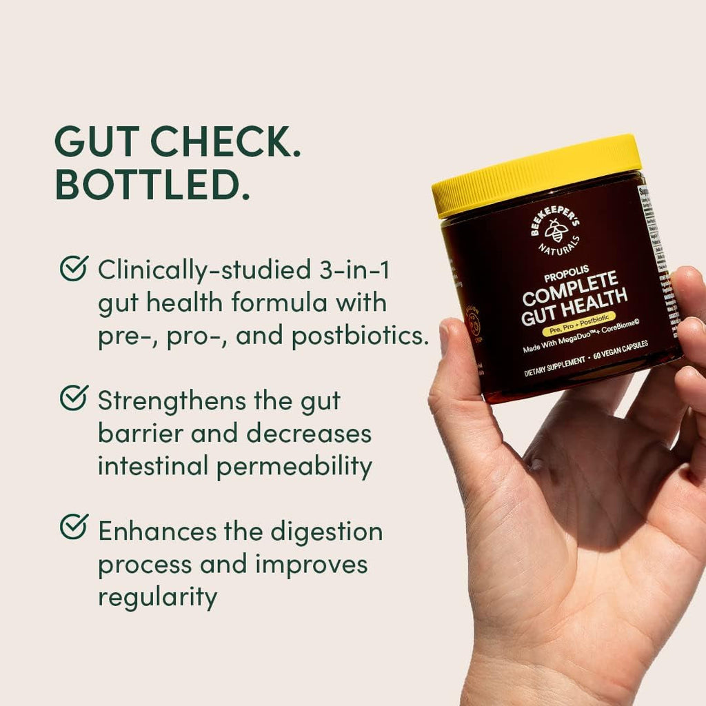Complete Gut Health by Beekeeper'S Naturals, 3-In-1 Prebiotic, Postbiotic, Probiotics for Digestive Health & Bloating Relief for Women & Men, Propolis Powered, Gluten-Free Vegan Capsules, 60Ct