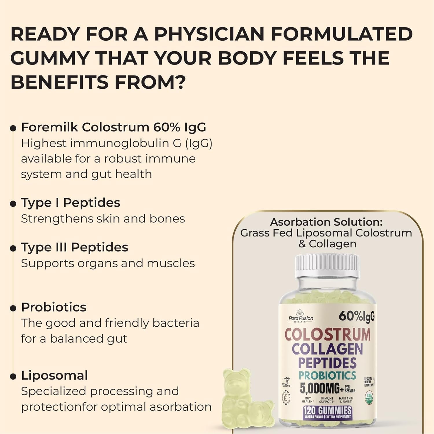 Colostrum Gummies I Collagen Peptides I Probiotics 5000+ Mg W/ 60% Igg I Immunity Support & Gut Health - Liposmal Technology - U.S. Sourced Superfood - Grass-Fed Bovine - 120 Gummies (Vanilla Flavor)